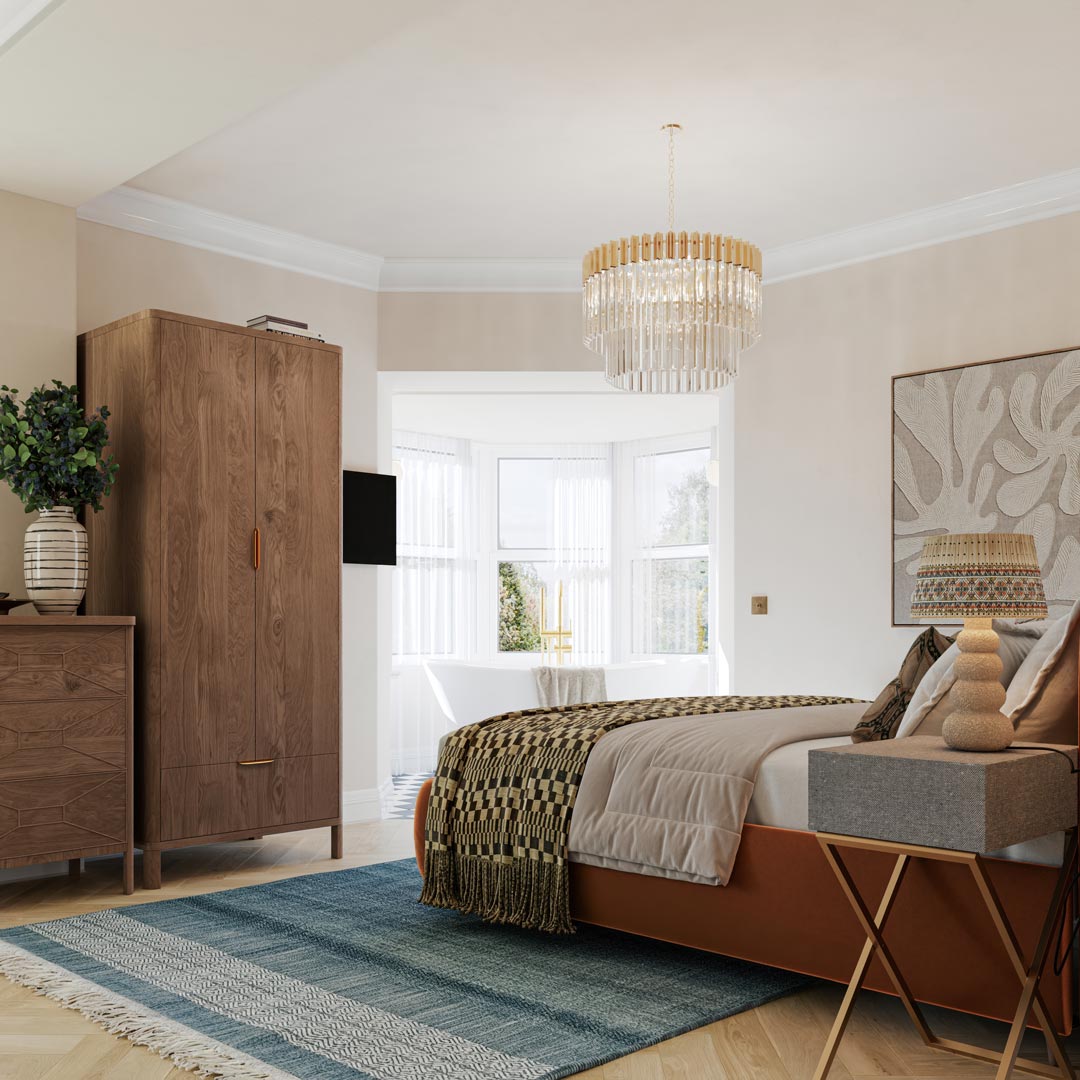 Cradel Haus, Grey Walls interior CGI visualisation, alternate view