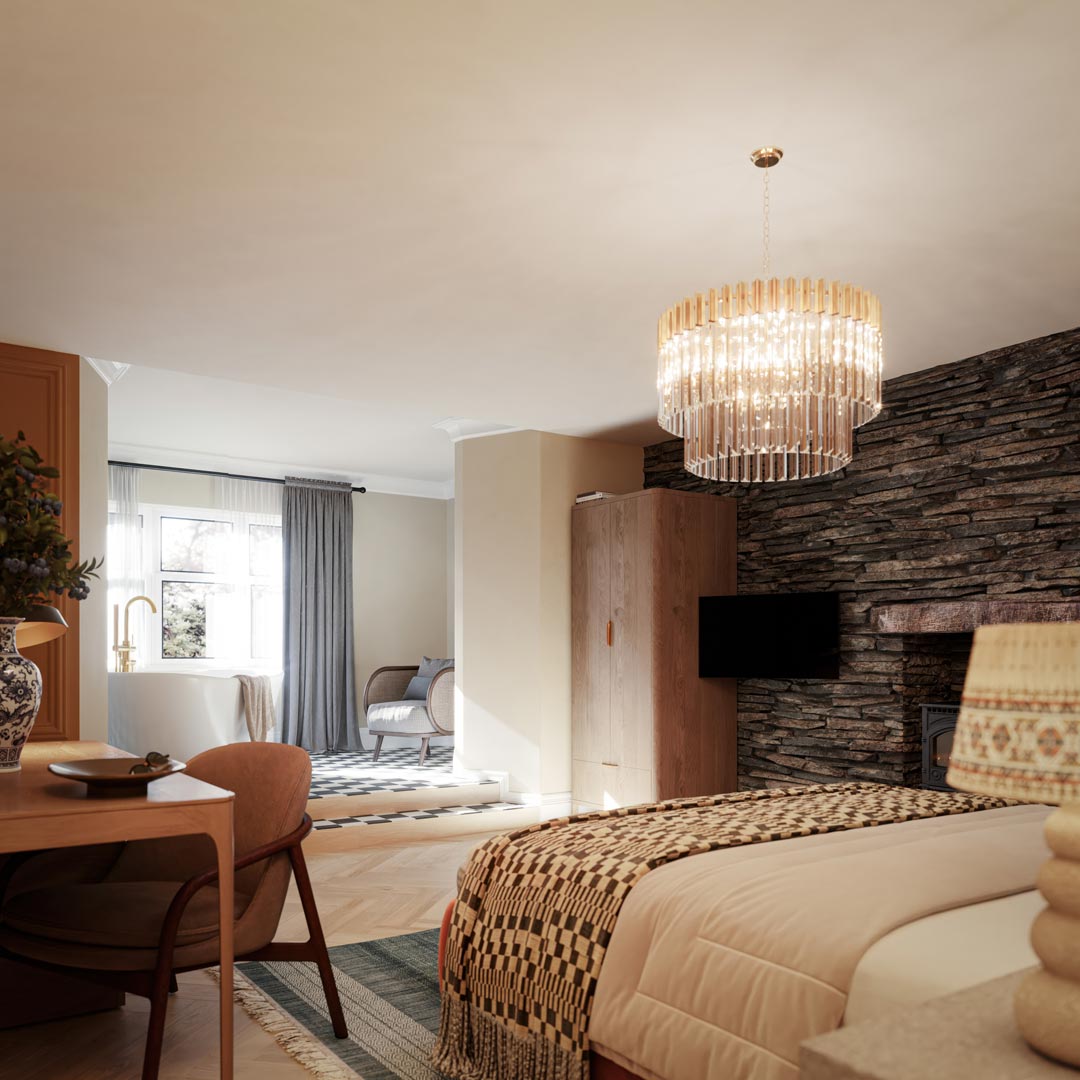 Cradel Haus, Grey Walls living space interior CGI visualisation