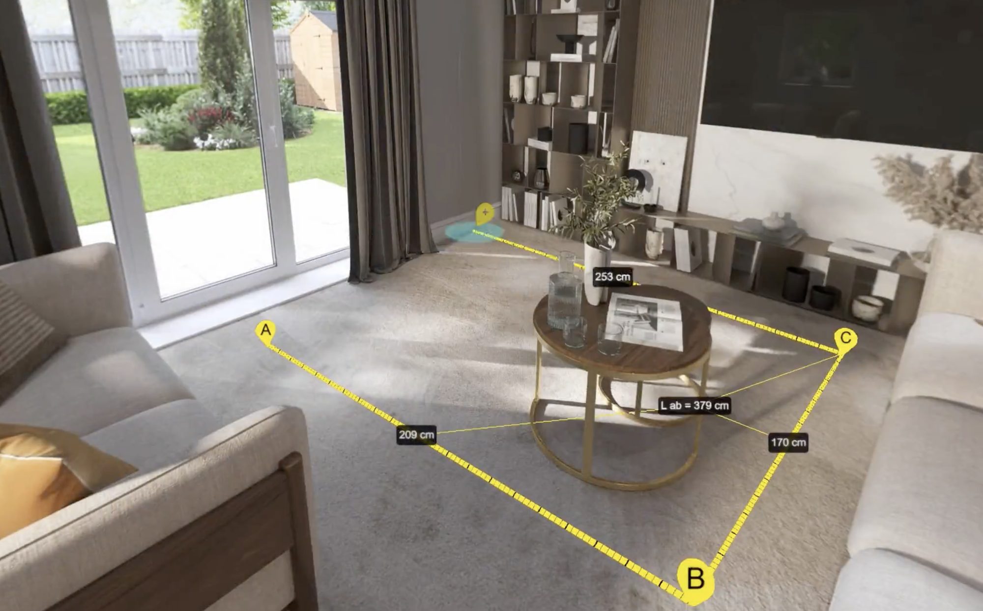 Virtual tour still, living room with AR measurement overlay